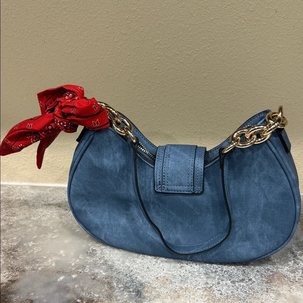 Aldo Blue Shoulder Bag with Red Scarf Accent - Picture 2 of 5
